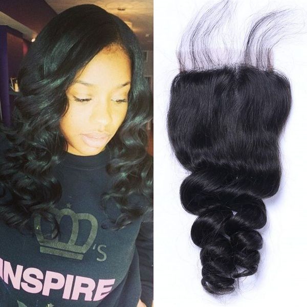 

4x4 кружево закрытие сыпучей волны индийского человеческий волос natural color virgin hair top closure с волосами младенца, Black;brown