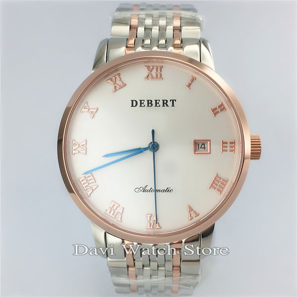 

41mm debert white dial steel strap miyota 8215 automatic movement mens watches, Slivery;brown