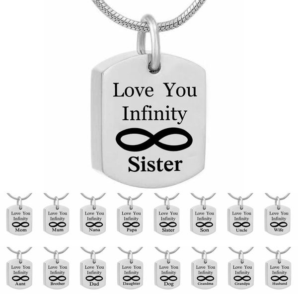 

square tag love you infinity 8 charm cremation jewelry keepsake memorial urn ashes necklace pendant with fill kit(dad and mom), Silver