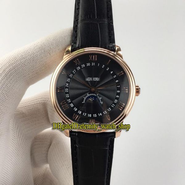 

new 4 color villeret 6263-3642-55b moon phase black dial japan miyota automatic mens watch rose gold case leather strap gents watches, Slivery;brown