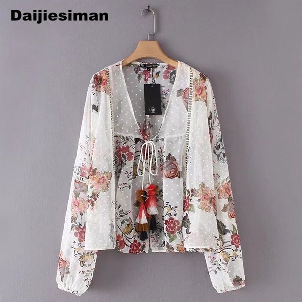 

2018 new women vintage tassel lacing mesh patchwork print chiffon kimono blouses cardigan loose shirts lady feminine, White