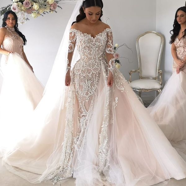 Elegante boho sereia vestidos de casamento 2020 off ombro backless lace trompete vestidos de noiva longa manga comprida plus tamanho país vestido de casamento personalizado