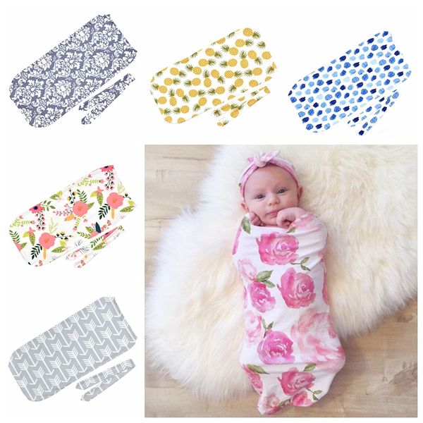 11 Cores Infantil Algodão Floral Swaddle Manta 2 Peça Set Sacos De Dormir Envoltório De Musselina + Headband Do Bebê Recém-nascido Pijama Hairband X084