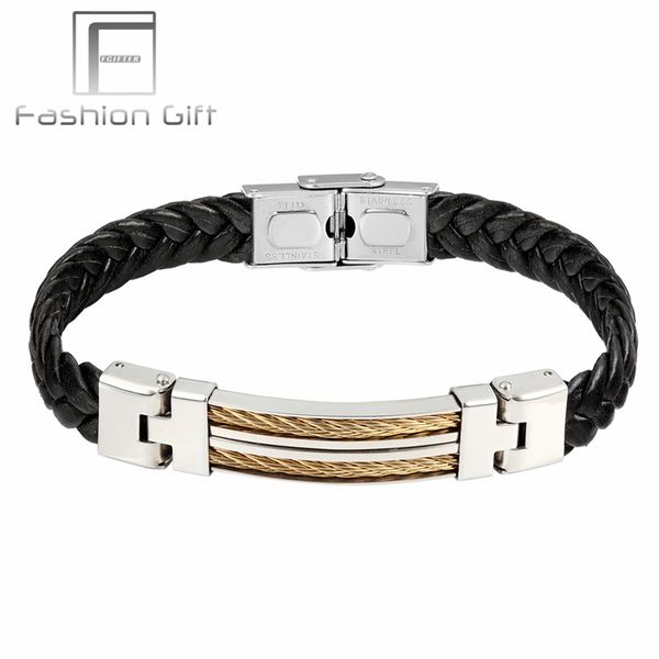 

fgifter steel wire cable knitting leather bracelets men stainless steel bracelet bangle male jewelry, Black