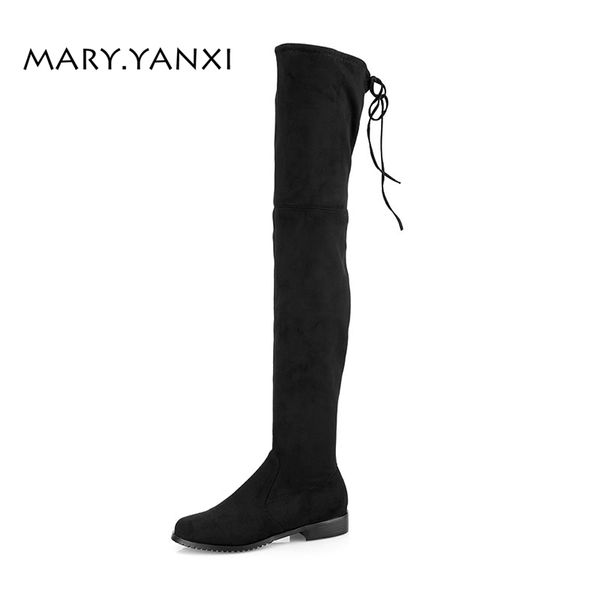 

spring/autumn women shoes over-the-knee boots flock nubuck round toe big size low heel cross-tied lace-up lady long boots, Black
