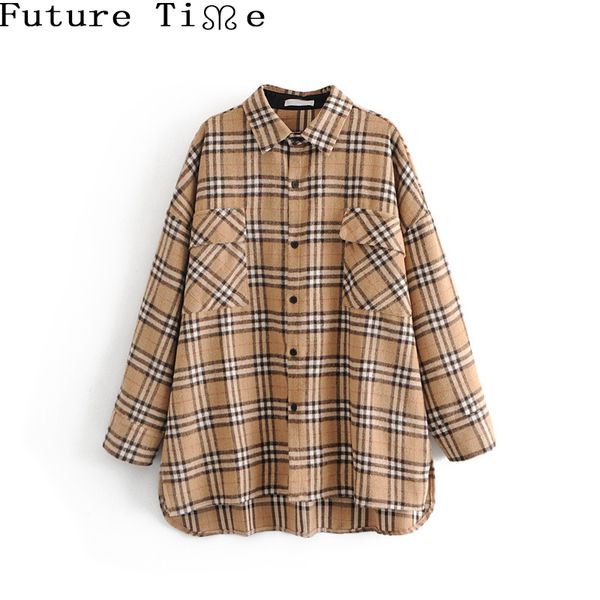 

future time single breasted oversized plaid jacket coats women autumn turn-down collar outerwear long sleeve loose overcoat, Black;brown