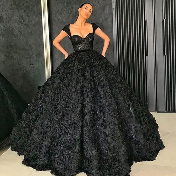 

black sequined sweetheart neckline prom dresses sleeveless ball gown robes de soiree glamorous fluffy celebrity prom dress