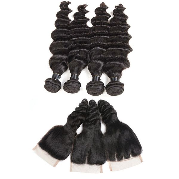 

малазийский волосы распущенными утки человека волновые с closure remy перуанского девы волос связки и top lace closure дешевые наращивание в, Black