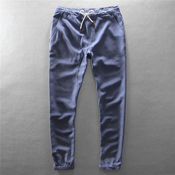 

new 2018 mens linen long pants elastic waist casual linen mens cotton straight pants fashion slim length, Black