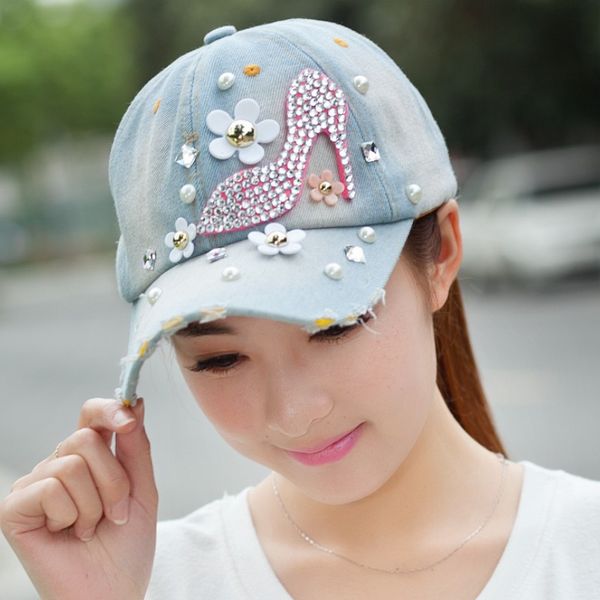 

20153452d women high-heel shoe diamond crystal snapback washed denim cloth caps ladies baseball cap, Blue;gray