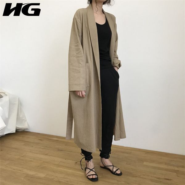 

hg] korea 2018 new autumn casual women cardigans solid color long coat female full sleeve v-neck wide-waisted trench ljt3567, Tan;black