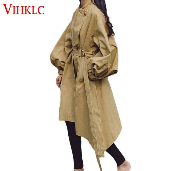 

long section trench coat spring autumn women korean students irregular 2018 new lantern sleeves waist chic solid color x278, Tan;black