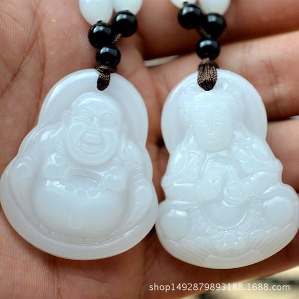 

unique natural white crystal carved buddha happy amulet pendant necklace for women men pendant jade jewelry gift, Silver
