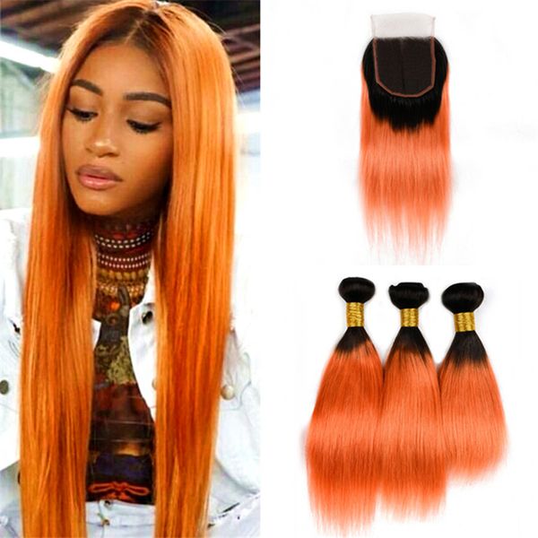 2019 Indian Orange Ombre Hair Weaves With Lace Closure 2 Tone 1b