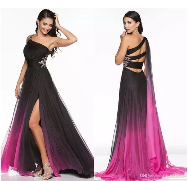 

gradient ombre prom dresses side split evening wear one-shoulder crystal waist 2020 modern pageant gowns special occasion dress, Black