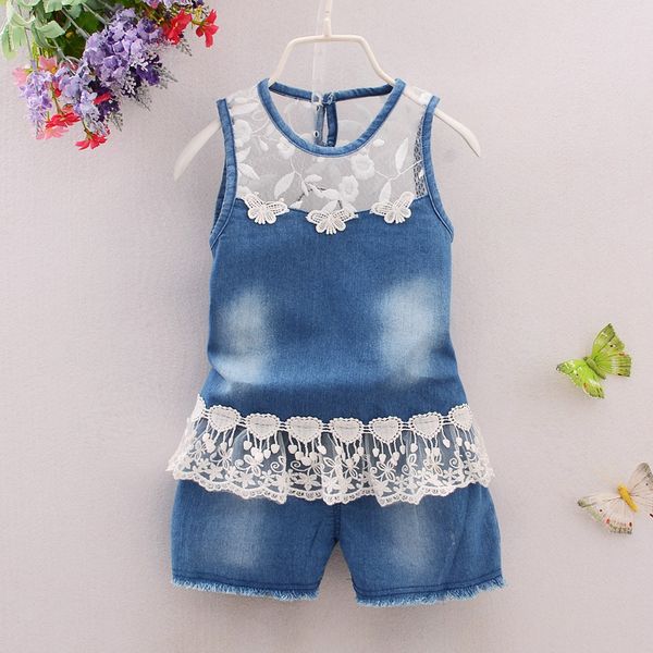 

cola fashion girls summer infant baby girl clothing sport pure color denim toddler girl vest pants pure cotton kids clothes, White