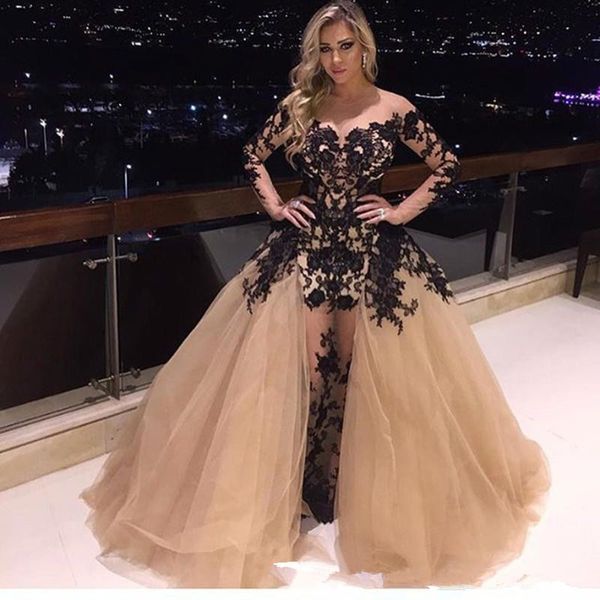 

арабский дизайн саудовская аравия пром платья с overskirt 2019 champagen sexy с длинным рукавом формальные женщины носить особый случай вече, Black