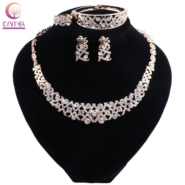 

elegant wedding jewelry set crystal necklace earrings ring bracelet sets for women gold color turkish jewelry, Silver