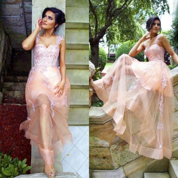 

vintage lace appliques illusion prom dresses arabic sweetheart appliqued straps see through tulle skirt evening party gowns custom made, Black