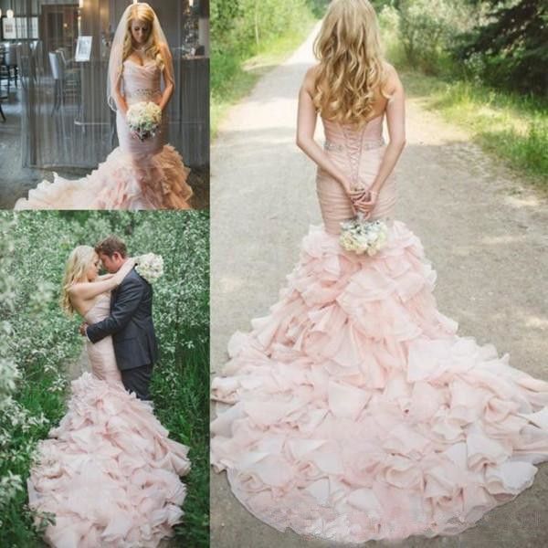 

2018 country blush pink wedding dresses mermaid sweetheart sweep train bridal gowns with crystal sash tiered skirts organza wedding gowns, White