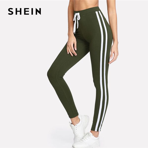 

shein army green tape side sporty leggings women high waist drawstring long pants 2018 spring active workout leggings, Black