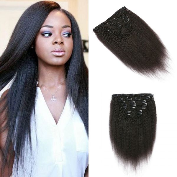 

7pcs/set kinky straight clip in human hair extensions 8-22inch natural black for black women non processed g-easy, Black;brown