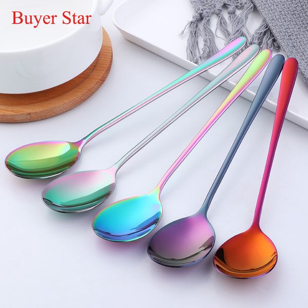 

2pc korean soup rainbow spoon 18/10 stainless steel eco-friendly dinner spoon dinnerware set long handle salad