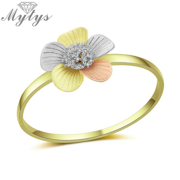 

mytys three-tone gold machine matt frosted blossom bangle for women elegant flower bracelet bangles jewelry gift for love b1125, Black