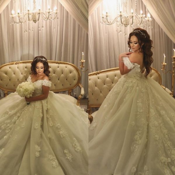 

luxury lace ball gown wedding dresses off shoulder sleeveless appliques bridal gowns sweep train crystal beading wedding dress plus size, White