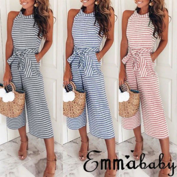 

sleeveless striped jumpsuits women wide leg jumpsuit high waist romper summer lady fashion casual loose jumpsuit plus size s-2xl, Black;white