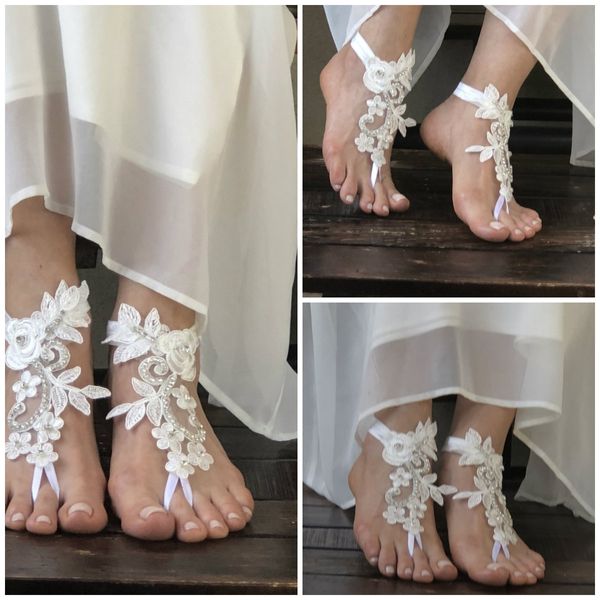 Özel Yapılmış Düğün Halhal Lace Up Boncuklu Aplike Plaj Gelin Ayakkabıları Düğün Için Yeni Varış Flatforms Sandalet