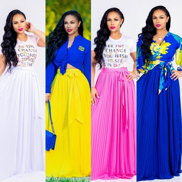 

2018 лето осень длинные шифон высокой талии женские юбки с sash элегантная pleat линия длина пола платье повседневный белый желтый синий фук, Black;gray