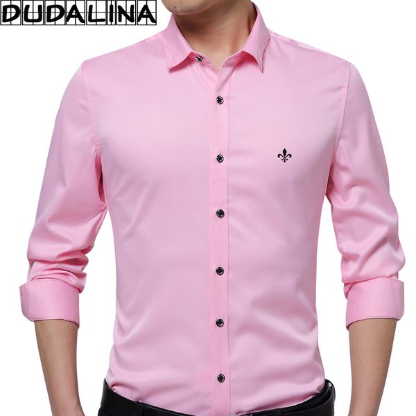 

dudalina embroidery men clothes solid slim fit men long sleeve shirt casual social shirt plus size anti-wrinkle-e51701, White;black