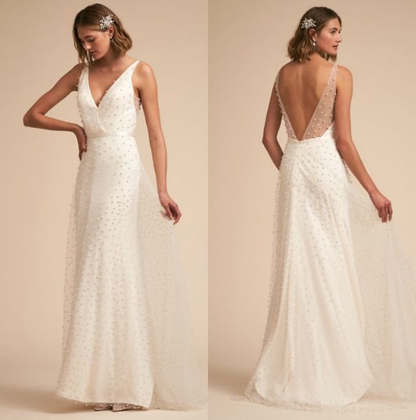 

винтаж bhldn плюс размер свадебные платья жемчуг v шеи vestido novia иллюзия тюль свадебные платья, White