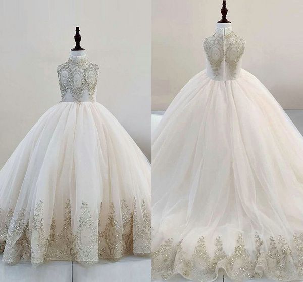 

gold applique champagne girls pageant dresses with a long train high neck beaded sequins zipper vintage party dress toddlers flower girls, White;red