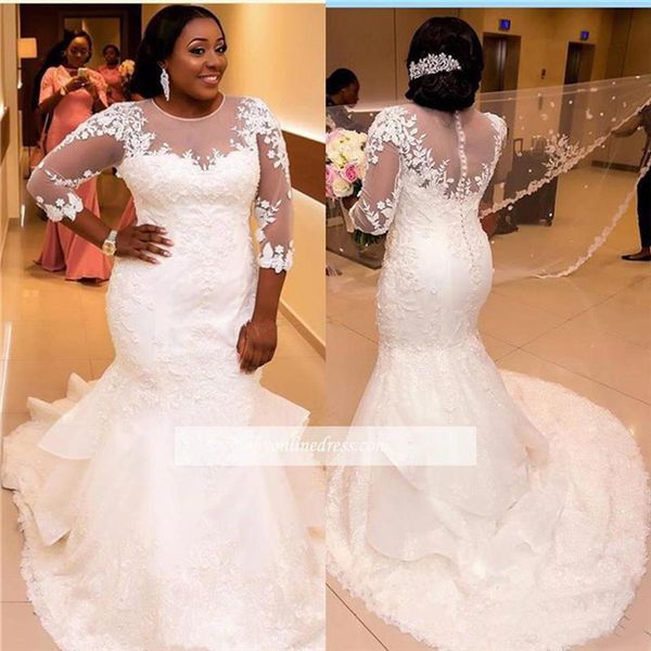 

lace plus size mermaid wedding dresses with 3/4 long sleeves african wedding gown courtl train white tulle bridal gowns