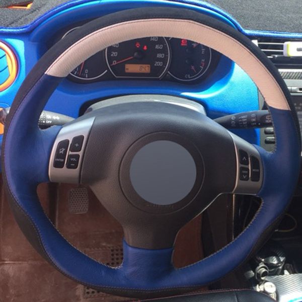 

blue white genuine leather black suede diy hand-stitched car steering wheel cover for suzuki sx4 alto old swift