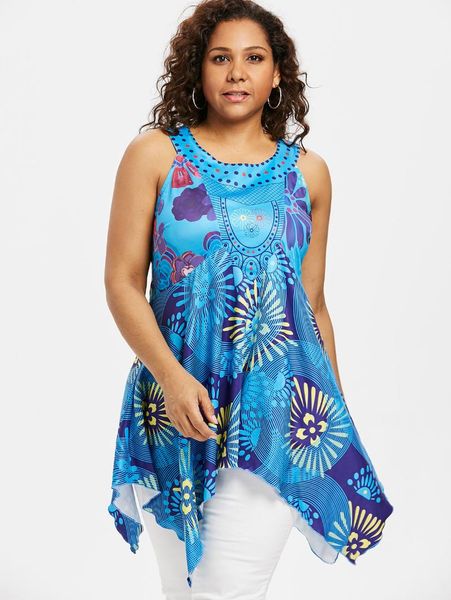 

kenancy plus size cutaway handkerchief tank floral graphic women tank top, White