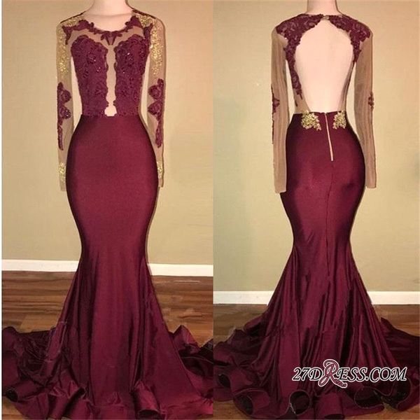 

burgundy jewel neck sheer long sleeves prom dresses 2020 open back lace appliqued formal party evening gowns ba8439, Black