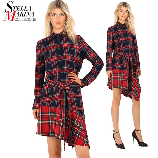 

new 2018 european fashion women autumn red plaid dress with belt long sleeve asymmetrical girls cute wear mini dress style 7135, White;black