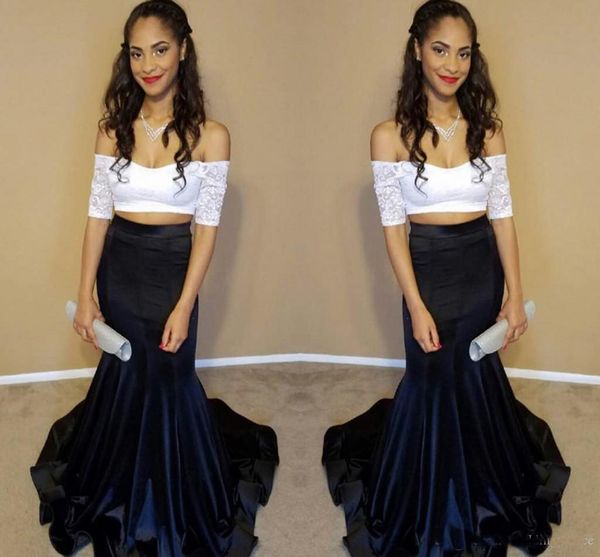 

Two Pieces Satin Prom Dresses Mermaid Women Evening Party Dresses Off-the-Shoulder Black Girl Party Dresses