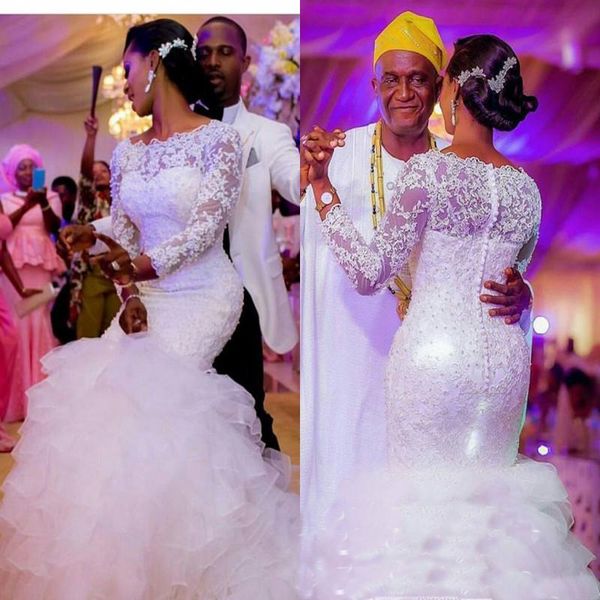 

Sheer Lace Wedding Dresses With Long Sleeves 3D-Floral Appliques Beads Tiered Organza Ruffles Skirt Mermaid Plus Size Women Wedding Gown