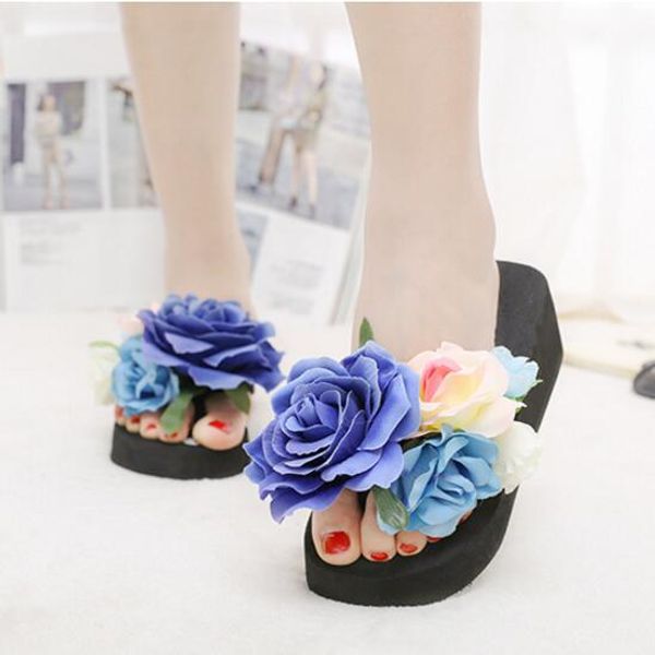 

экологичный лето тапочки женщин мода вьетнамки пляж платформы сандалии женские ручной работы цветы клин желе обувь, Blue;gray