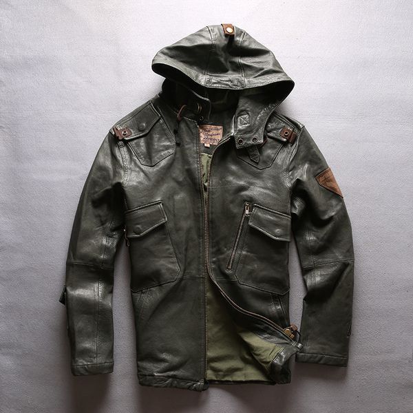 

army green avirexfly sheepskin genuine leather jackets with ykk zipper avirex men motorcycle leather jacket with hood, Black