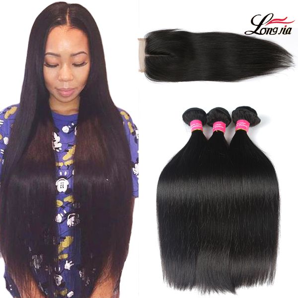 

перуанские прямые пучки волос с закрытием естественный цвет прямые человеческие девственные волосы пучки 3 пучка с закрытием кружева 4x4 рем, Black;brown