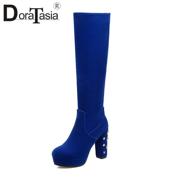 

doratasia popular fashion 34-43 big size metal decoration 10.5cm super high square heels solid zip knee-high women boots, Black