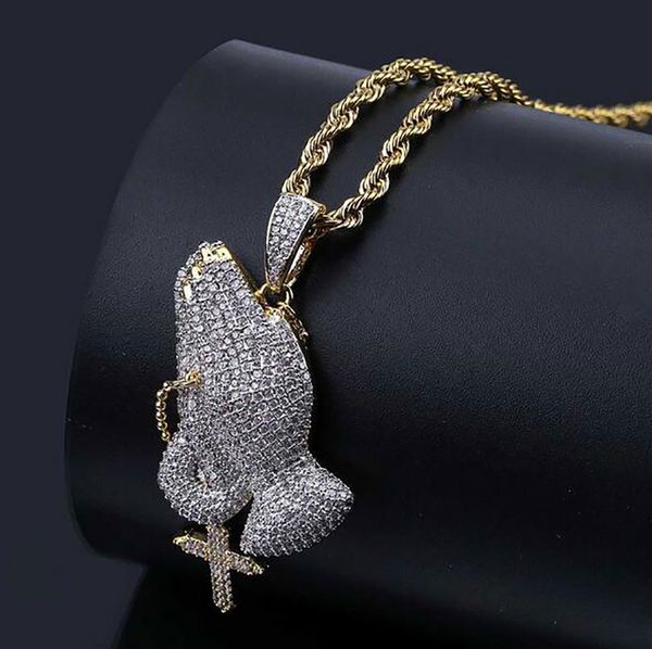

mens retro cross praying hands pendant necklace luxury iced out cubic zirconia micro pave simulated diamonds pendant with gift box 18k gold, Silver