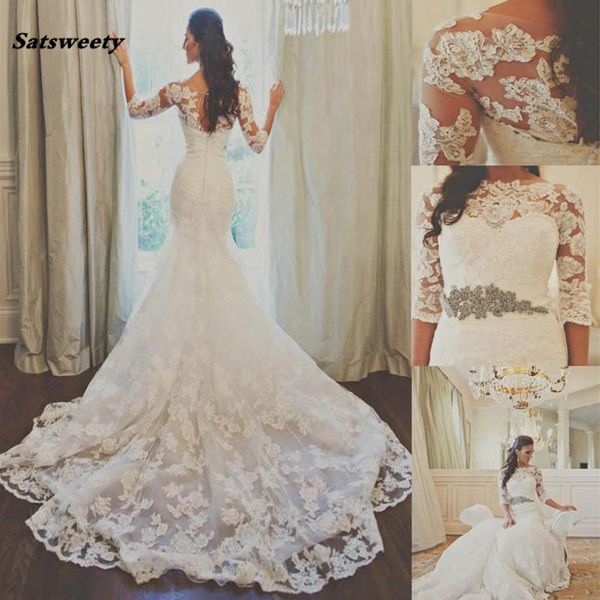 

vestido de noiva vintage lace wedding dresses long sleeve sheer handmade mermaid bridal gowns sweep train, White