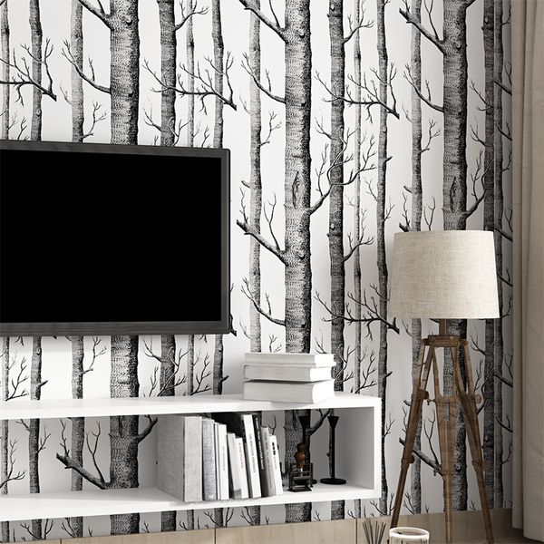 Siyah Beyaz Ahşap Orman Ağacı Doku 3D Kabartmalı Flok Dokumasız duvar kağıdı Wallcovering Salon tv Arkaplan Ev Dekorasyonu