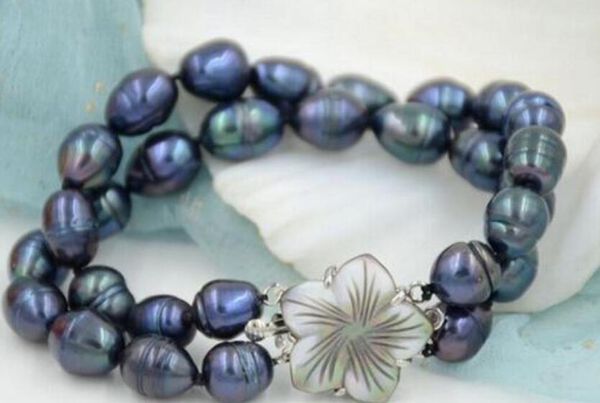 

new 2 row natural 10-11mm australian south sea black pearl bracelet, Golden;silver